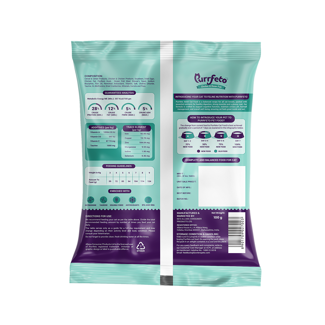 Purrfeto Adult Dry Cat Food with Chicken & Ocean Fish - 100g