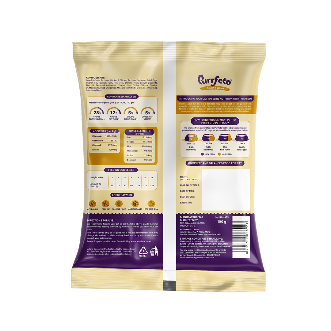 Purrfeto Adult Dry Cat Food with Chicken & Salmon - 100g
