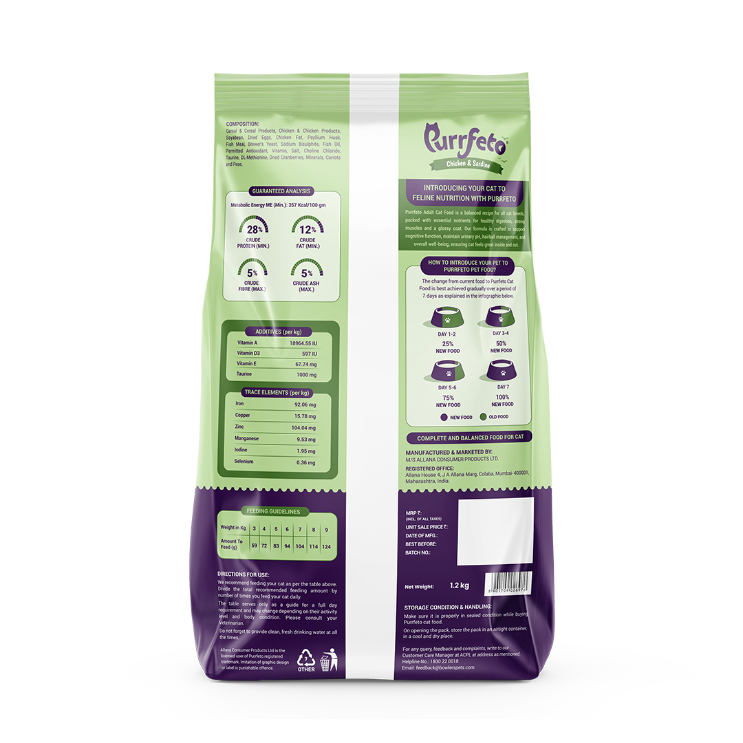 Purrfeto Adult Dry Cat Food with Chicken & Sardine - 1.2kg