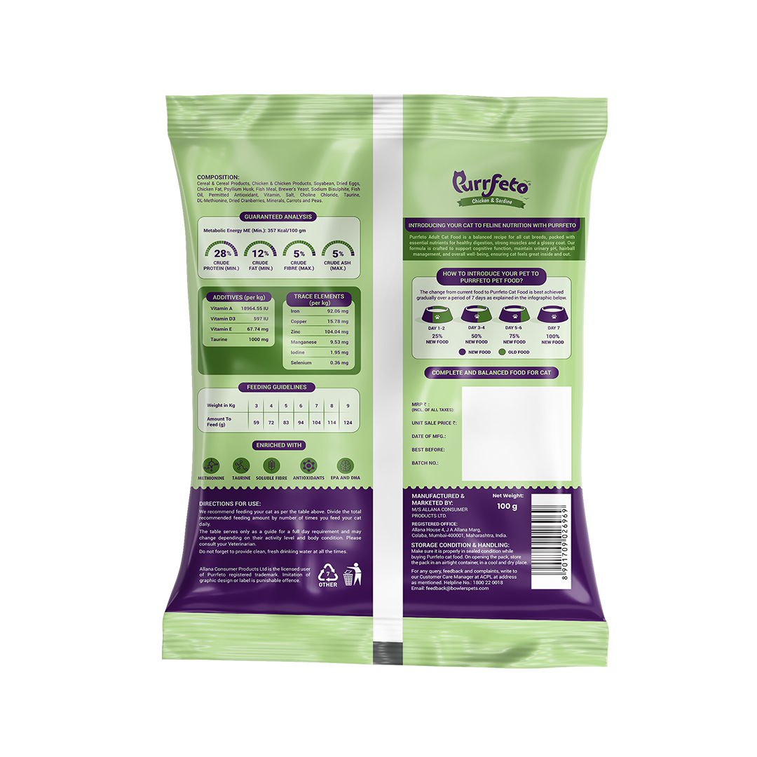 Purrfeto Adult Dry Cat Food with Chicken & Sardine - 100g